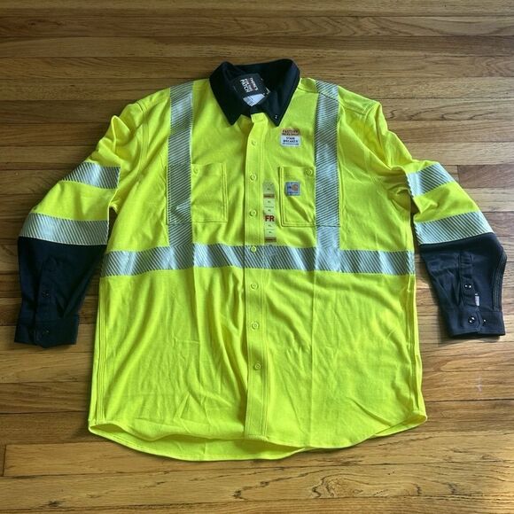 Carhartt FR Flame Resistant Hi Viz Yellow Reflective Button Shirt Mens Size XL - Picture 1 of 10
